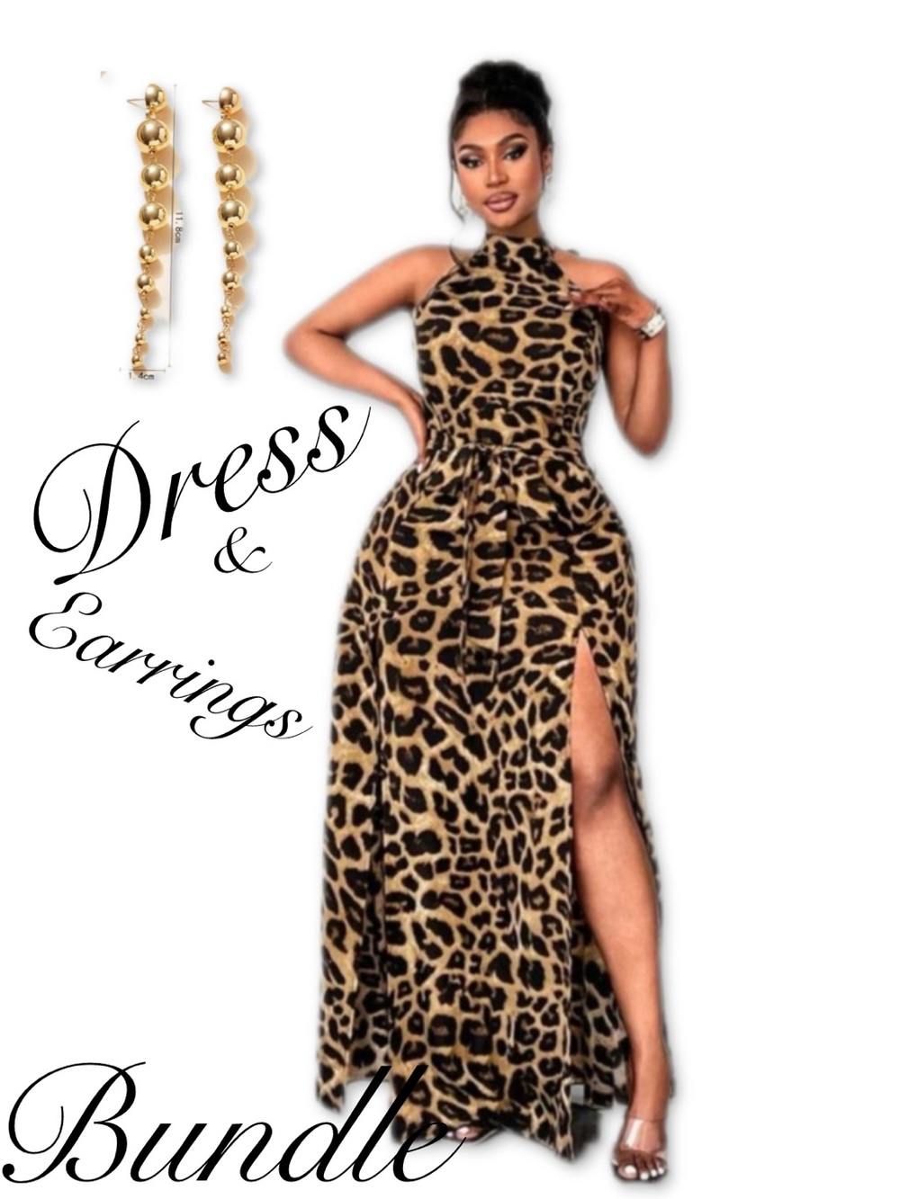 Leopard Print High-Slit Maxi Dress - Womens & Earrings Bundle